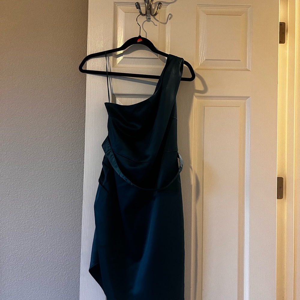 Lulus Twosisters asymmetrical satin dress  Color: teal Size 10